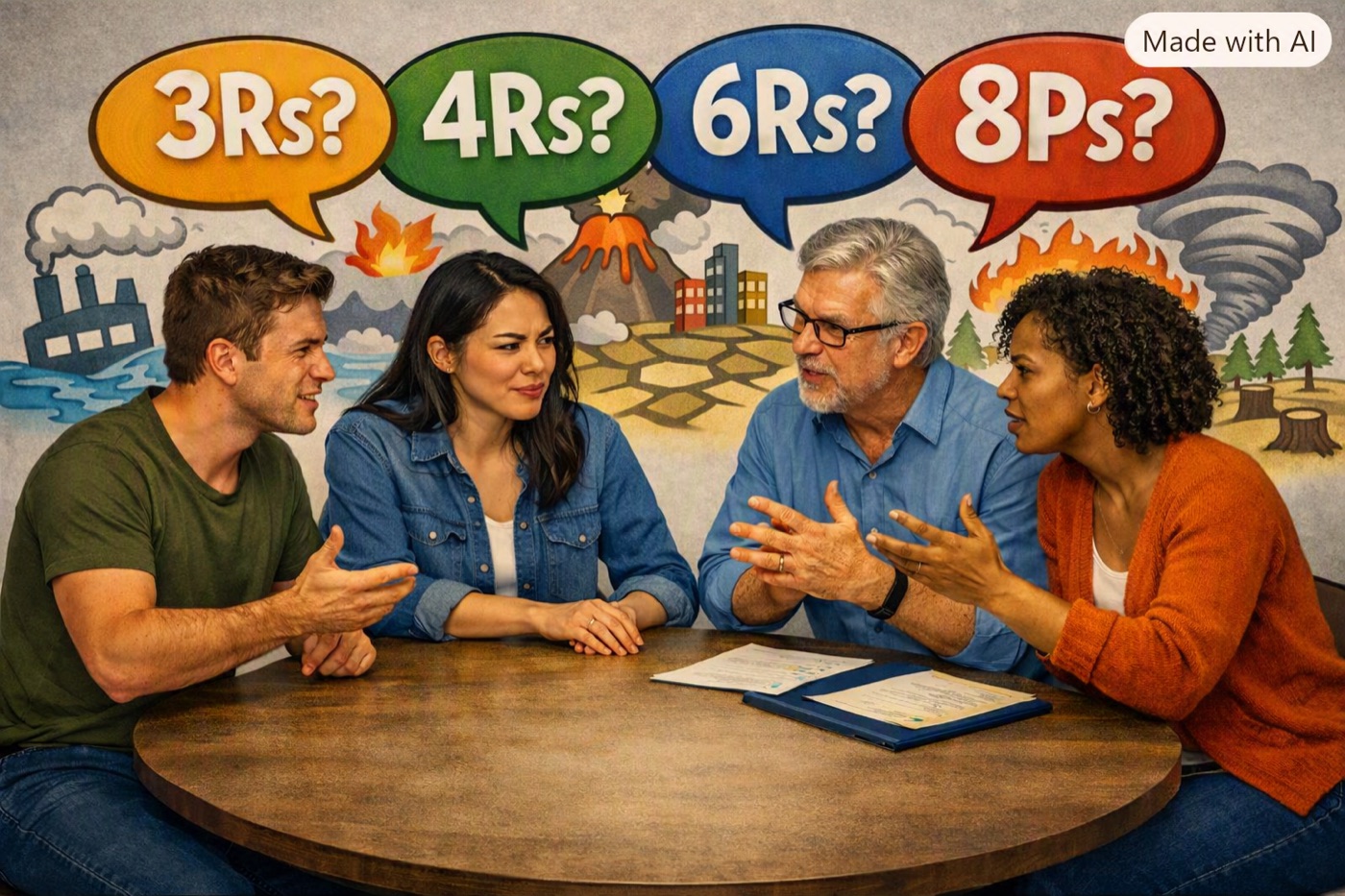 Four people around a table in animated discussion, with speech bubbles reading “3Rs?”, “4Rs?”, “6Rs?” and “8Ps?” above a backdrop of floods, fire, a volcano, drought and deforestation.