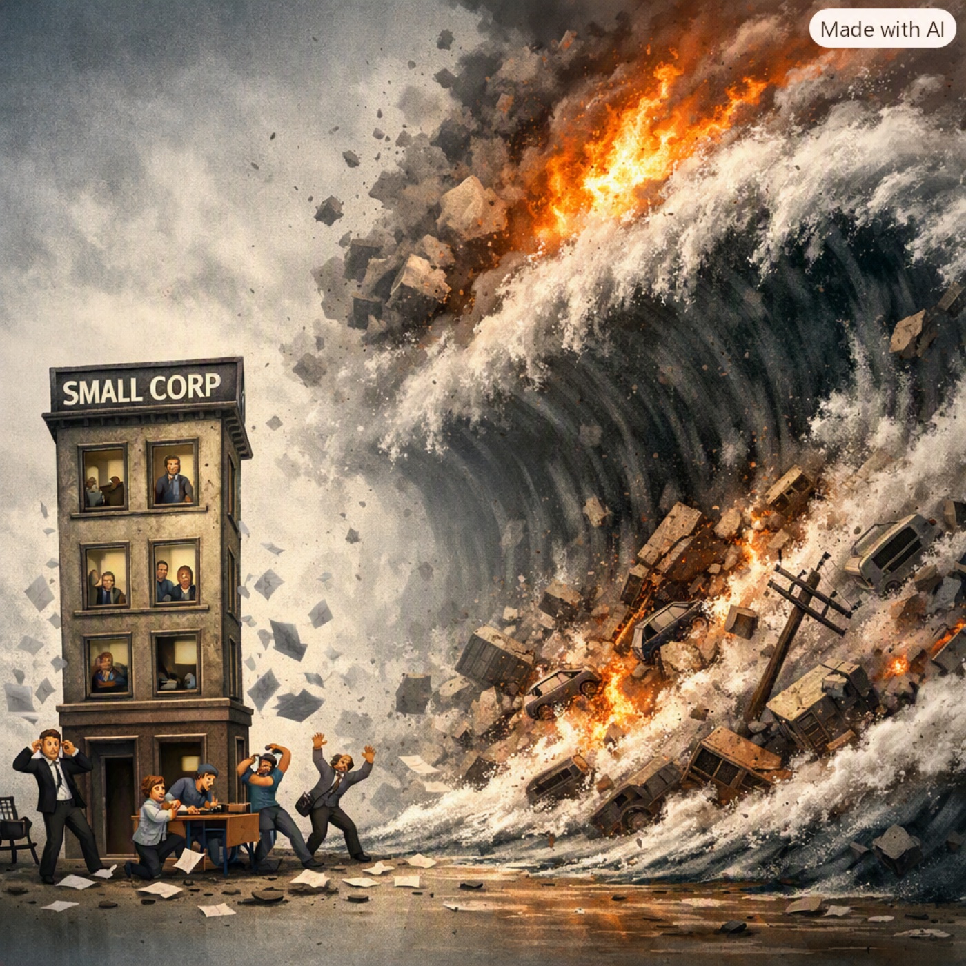 Illustration of a small business building labelled SMALL CORP with staff bracing as a huge tsunami of fire and debris bears down on it.
