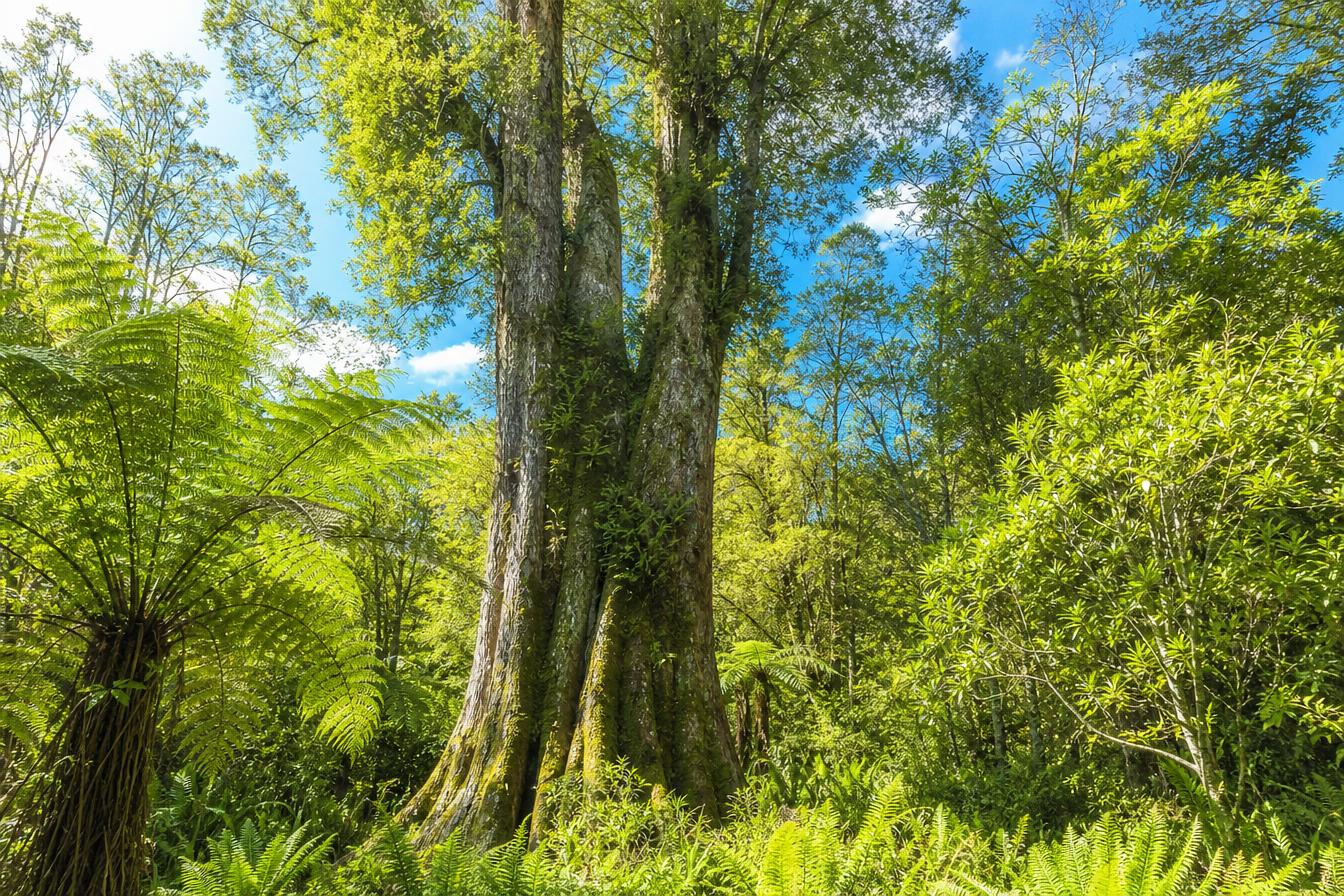 Ancient native tree in a bright green New Zealand forest — foundational strength