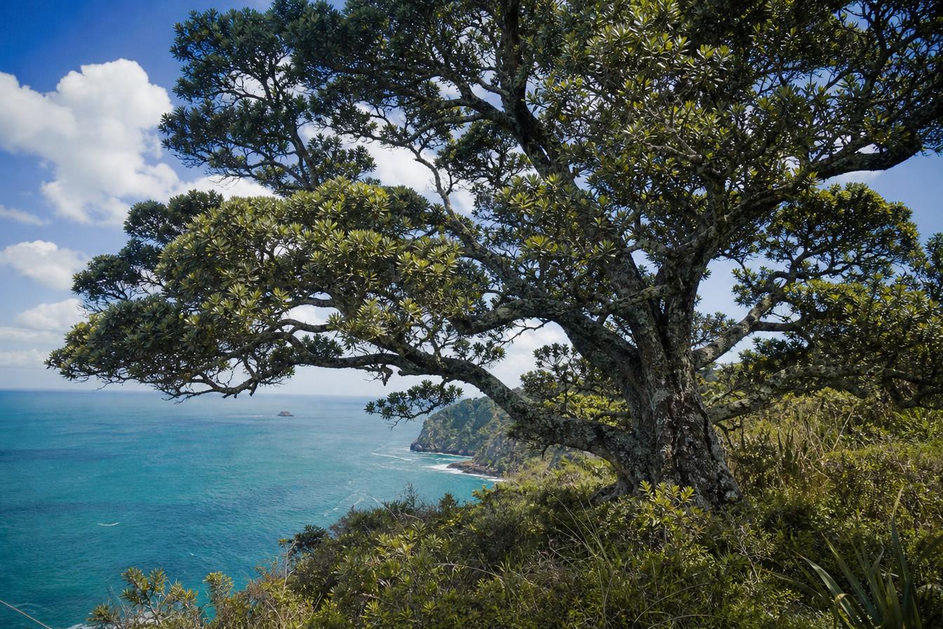 A mature native tree stands on a New Zealand coastal cliff above turquoise ocean — a metaphor for resilience