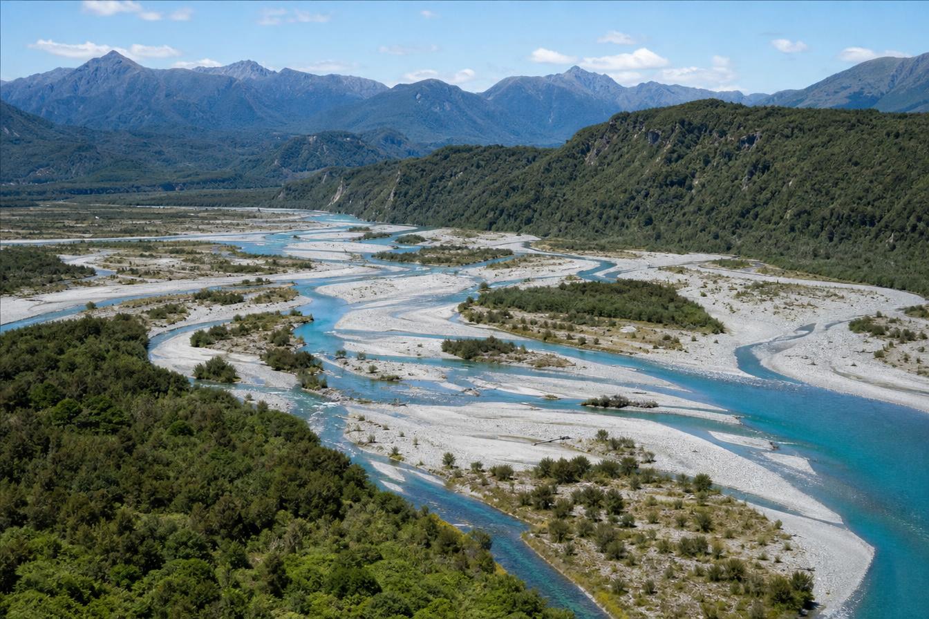 A braided New Zealand river valley with vivid green native bush and bright blue water
